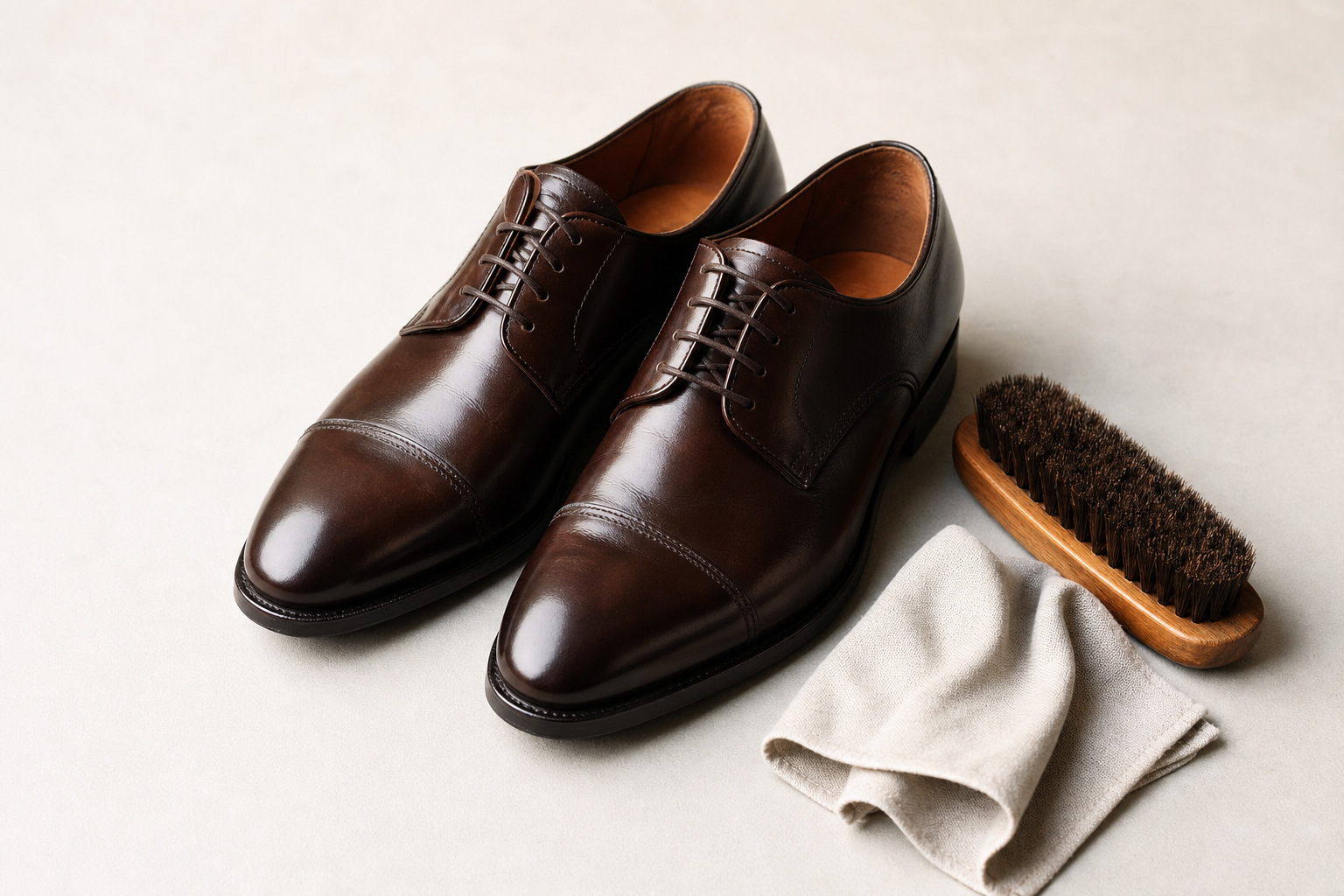 Schuhe, Bürste und Tuch auf einer sauberen Fläche