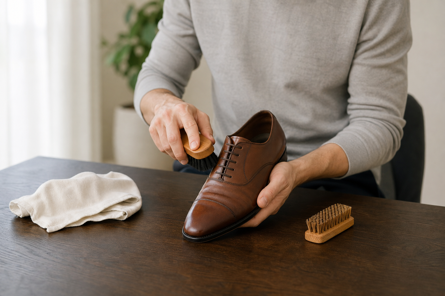 Eine Person bürstet einen Schuh auf einem Tisch