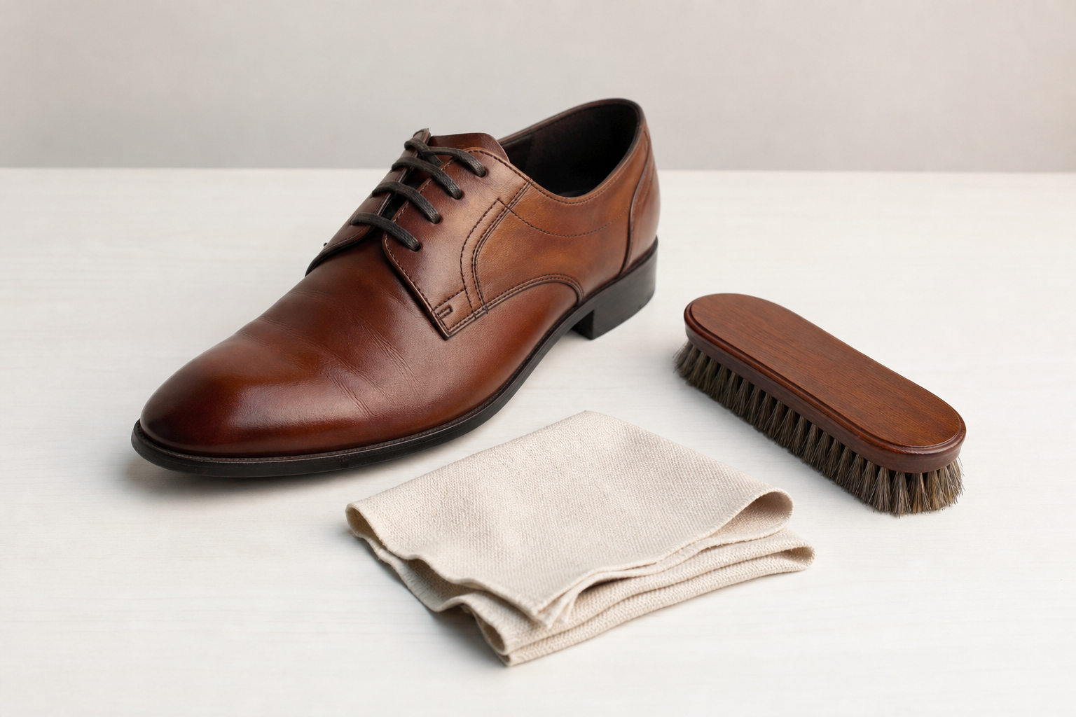 Bürste, Tuch und Schuh auf einem Tisch
