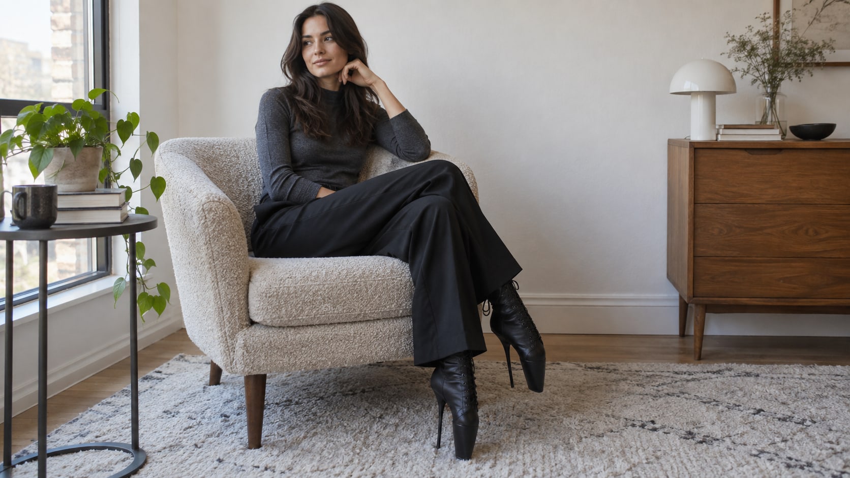 Sitzende Frau trägt schwarze Ballet Boots zu einer weiten Stoffhose