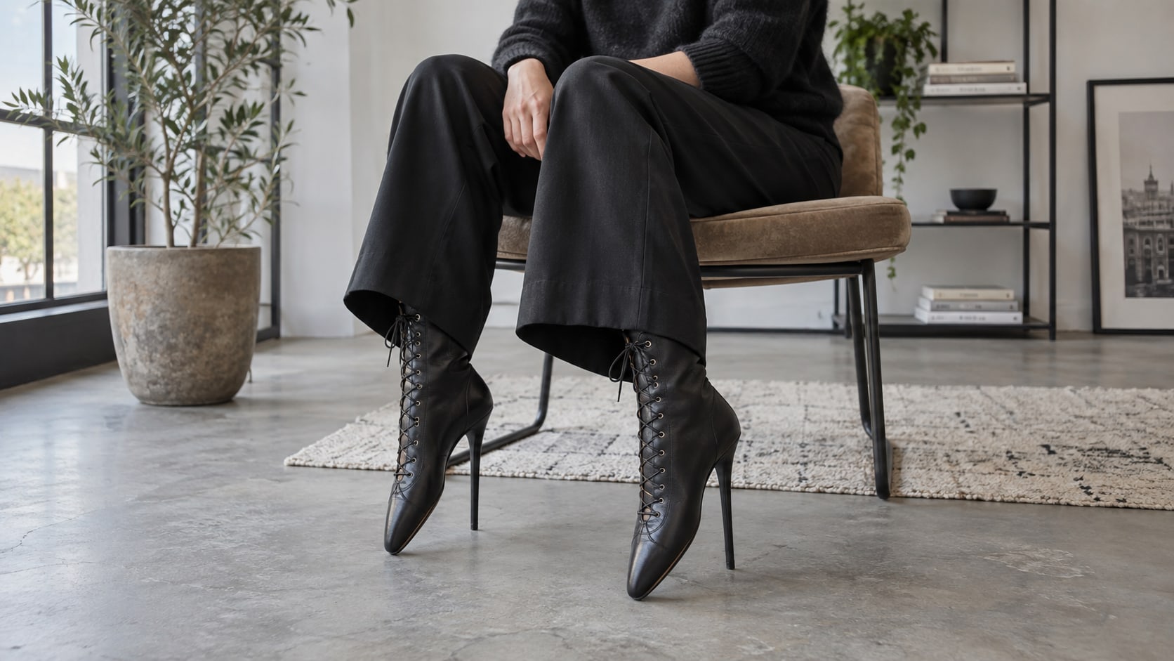Sitzende erwachsene Person trägt schwarze geschnürte Ballet Boots