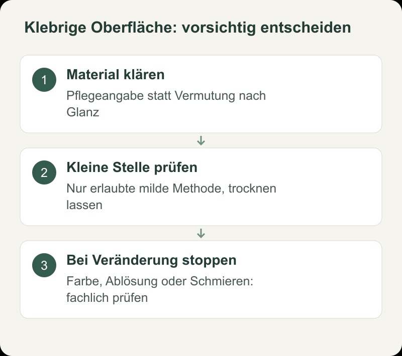 Klebrige Oberfläche: vorsichtig entscheiden. Material klären. Pflegeangabe statt Vermutung nach Glanz. Kleine Stelle prüfen. Nur erlaubte milde Methode, trocknen lassen. Bei Veränderung stoppen. Farbe, Ablösung oder Schmieren: fachlich prüfen